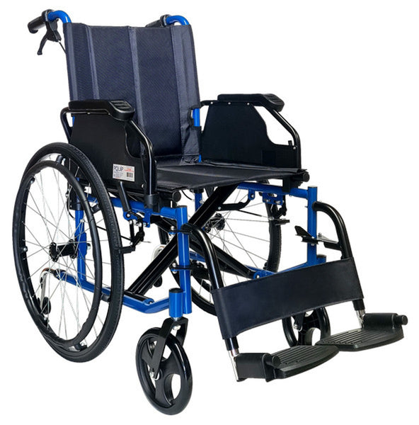 PA169 Deluxe Steel Wheelchair with blue frame, black material and fittings, and black wheels