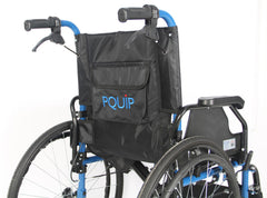 Back pouch on PA169 Deluxe Steel Wheelchair with blue frame, black material and fittings, and black wheels