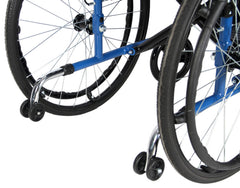 Anti-tipper rear castors on PA169 Deluxe Steel Wheelchair with blue frame, black material and fittings, and black wheels