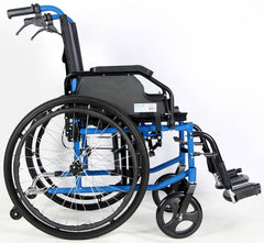 Side view of PA169 Deluxe Steel Wheelchair with blue frame, black material and fittings, and black wheels
