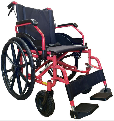 This is an image of a Red and Black Heavy Duty Steel Wheelchair.  PA280