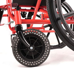 This is an image of the small wheels of a Red and Black Heavy Duty Steel Wheelchair.. PA280