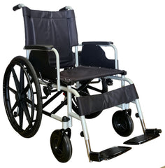 PA282 Basic Heavy Duty Steel Wheelchair with black fittings, material and wheels, and light grey, painted frame