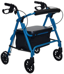 Image of a blue heavy-duty rollator walker with a low seat, black wheels, a solid seat, and hand brakes.
