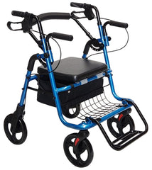PA380 Transit Chair Rollator with black fittings and material, and sky blue frame and foot rest flipped down