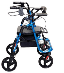 Side view of PA380 Transit Chair Rollator with black fittings and material, and sky blue frame 