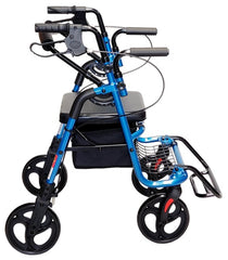 Side view of PA380 Transit Chair Rollator with black fittings and material, and sky blue frame and foot rest flipped down