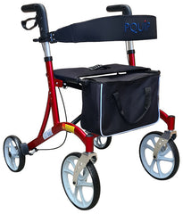 10” X-FOLD rollator walker with padded seat and backrest and red frame