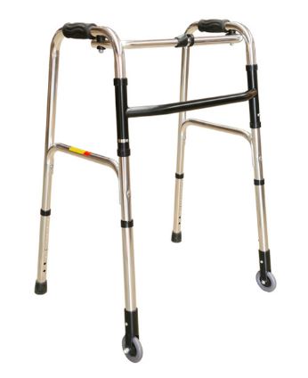 Foldable chrome and black 1 Button Walker with 3" castors on front legs