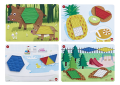 Sensory Pattern Blocks activity cards showing tactile shape activities for pattern recognition, matching and problem-solving