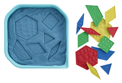 Sensory Pattern Blocks with tactile geometric pieces and activity card demonstrating hands-on pattern and shape learning