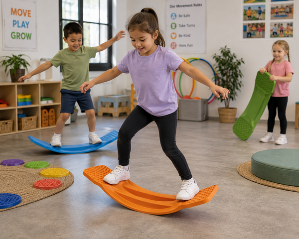Penguin Rocker balance board being used by children in an inclusive early learning movement room to develop balance, coordination and gross motor skills.