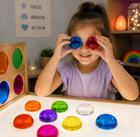 Child exploring colourful Perception Semispheres on a sensory light table.