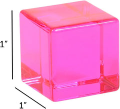 Pink acrylic gem cube showing its dimensions.