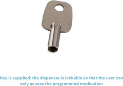 This is an image of the safety key that is used with the Pivotell Careousel Automatic Pill Dispenser. It is an image of a metal key with a cylindrical head on a white background.