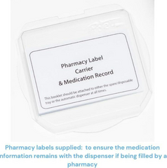 This is an image of the Pharmacy Label Carrier and Medication Record. that is used with the Pivotell Careousel Automatic Pill Dispenser. It is an image of a Pharmacy label carrier and medication record booklet on a white background