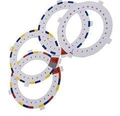 This is an image of the date and time plates that are used with the Pivotell Careousel Automatic Pill Dispenser. It is an image of a set of circular plastic rings with colored markings on a white background