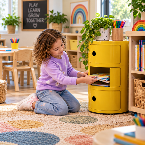 child using the yellow componibili storage  unit