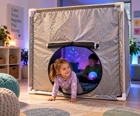 Children enjoying a Pop Up Space Tent with calming sensory lighting in a sensory room.