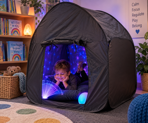 Child relaxing in a black pop-up sensory tent with calming fibre optic lights.