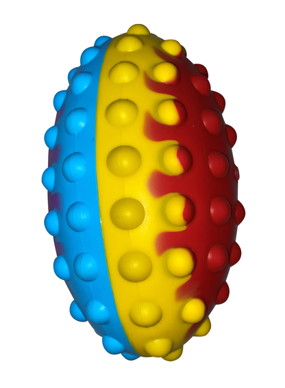Red, yellow, and blue coloured Pop It Ball Fidget with tactile pop bubbles for emotional regulation, fine motor development, occupational therapy, classroom focus, NDIS support and stress relief.