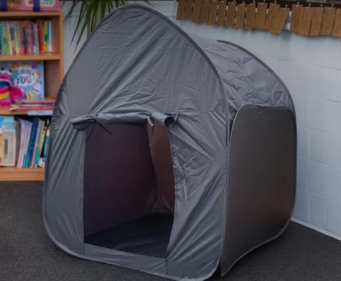 School library setting with a Pop Up Tent Black 105cm portable calming space for therapy, sensory rooms, classrooms, NDIS support, emotional regulation, visual projection activities and quiet retreats.