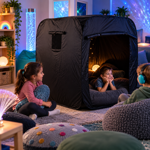 Children relaxing in The Dark Den sensory retreat space for calming and self-regulation at school.