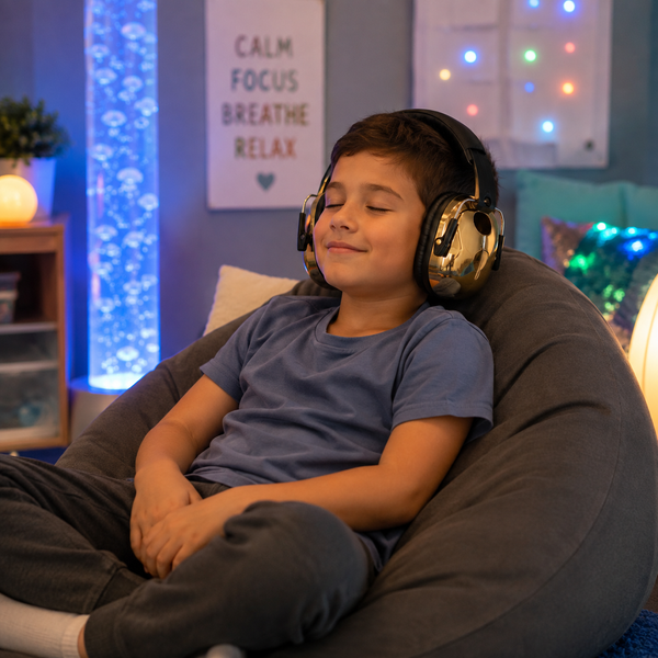 Child relaxing with ProCase noise reduction earmuffs in a calming sensory zone.
