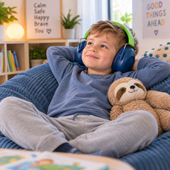 Child wearing noise reduction headphones while relaxing in a calm home sensory space.