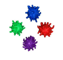 Four puffer stress balls in blue, green, red, and purple