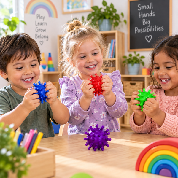 Children using colourful Puffer Stress Balls for sensory play, calming and fine motor development in preschool.