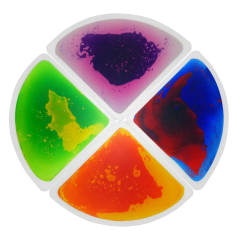 Image of 4 liquid floor tiles - four triangular pieces make up a round shape. Pink and purple, blue and red, orange and yellow, green and yellow.