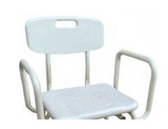 This is an image of a white shower stool with drainage holes and a backrest. It has 2 side handles.