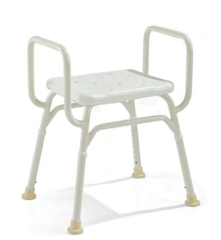 This is an image of a white shower stool with drainage holes. It has 2 side handles.