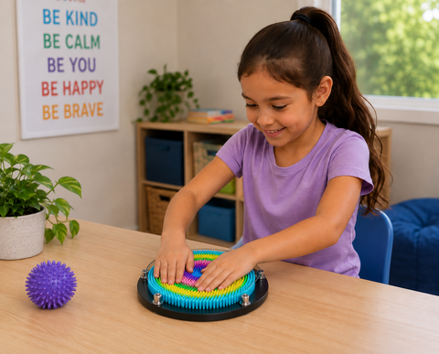 child pressing hands into rainbow pin art 