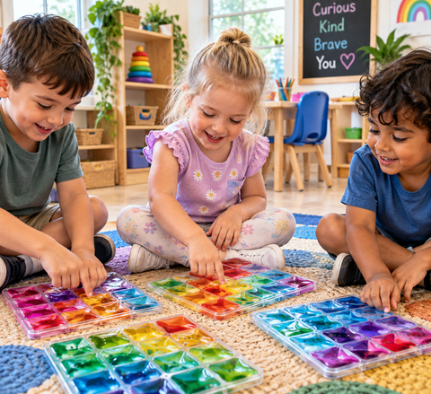 Children exploring Rainbow Squares Sensory Pads for tactile play and sensory learning in a preschool classroom.