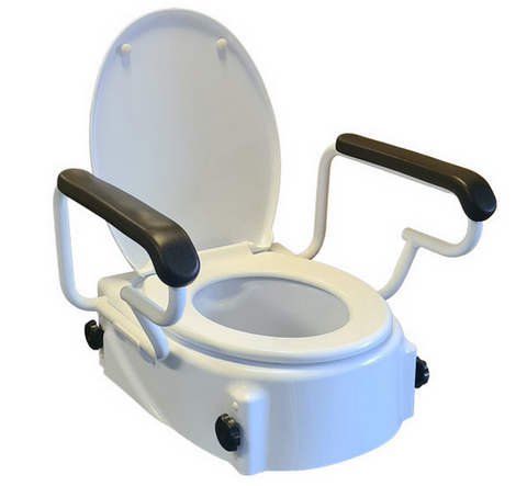 Height adjustable toilet seat with arms