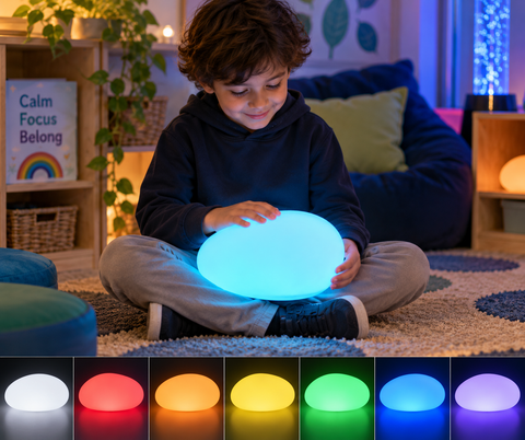 Child using a rechargeable colour-changing sensory pebble light for calming and self-regulation.