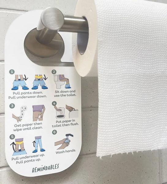 A toilet paper holder mounted on the wall, featuring a visual guide on how to properly use toilet paper.