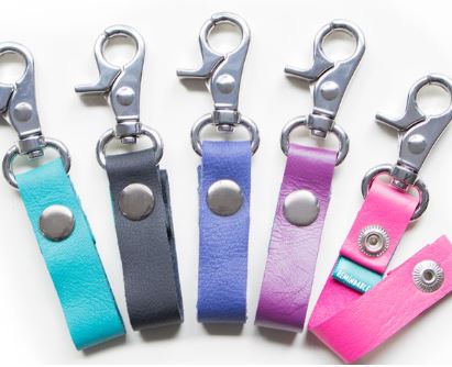 Five Leather Straps with hook clips for Remindables Tags in turquoise, grey, blue, purple, and pink