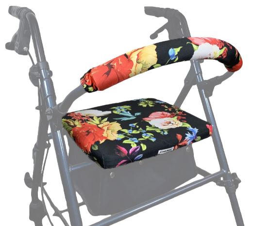 Rollator seat and bar covers with vivid flowers pattern