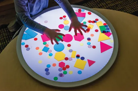 Round Colour Changing Light Panel 60cm turned on with white light and cut out shapes spread over it