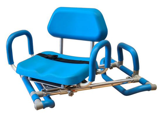 Aqua coloured rotating, sliding bath transfer seat. 