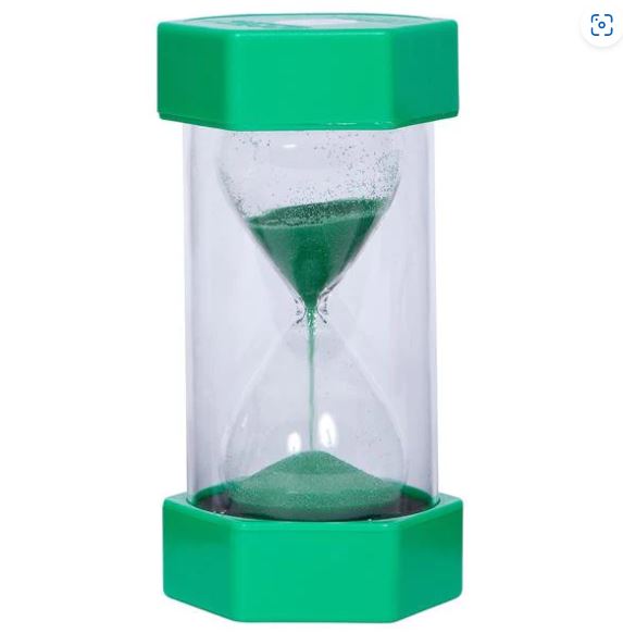 This is an image of a sand hourglass timer filled with green sand.