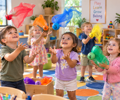 Preschool children playing with colourful numbered scarf balls to develop catching and coordination skills.