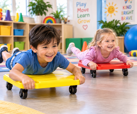 Children using colourful scooter boards for balance, coordination and active play in preschool.
