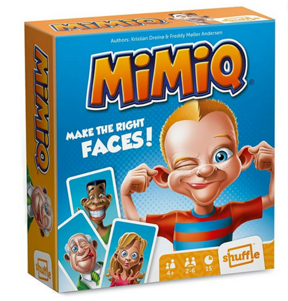 This is an image of the MiMiq card game. it has a picture of a cartoon character someone pulling on their ears