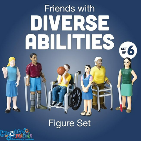 Figure set of friends with diverse abilities on a blue background