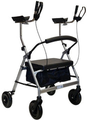 Image of the Extra Wide Heavy Duty Gutter Arm Rollator featuring a silver frame, black seat, armrests, and wheels.