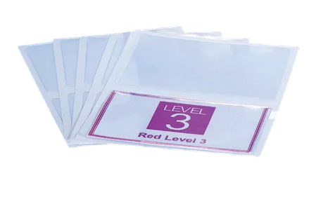 Clear self-adhesive label pockets for classroom book tubs and storage containers used in schools and early learning environments